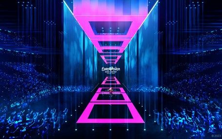 En illustration av Eurovision-scenen. På scenen står en kvinna som dansar. Runt scenen står hurrande människor. Strålkastare är riktade mot scenen och lyser starkt i rosa. 