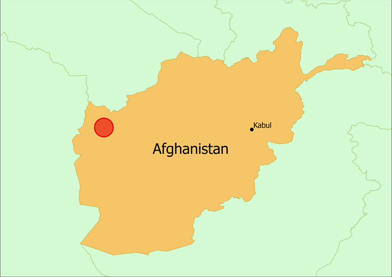Karta över Afghanistan. Området som drabbats av jordbävning är markerad.