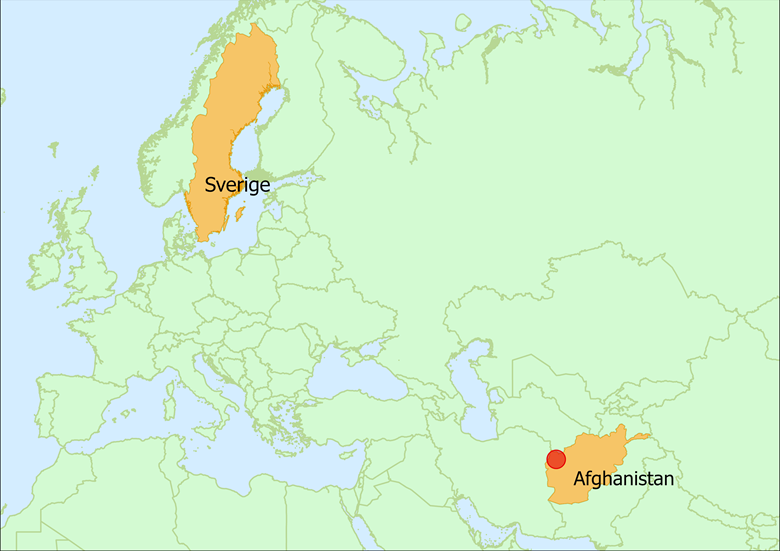 Karta där Sverige och Afghanistan är markerade. 