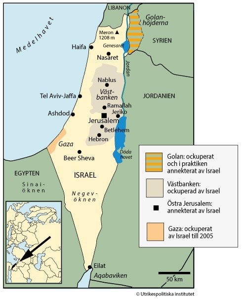 Karta över Gaza, Israel och Palestina.