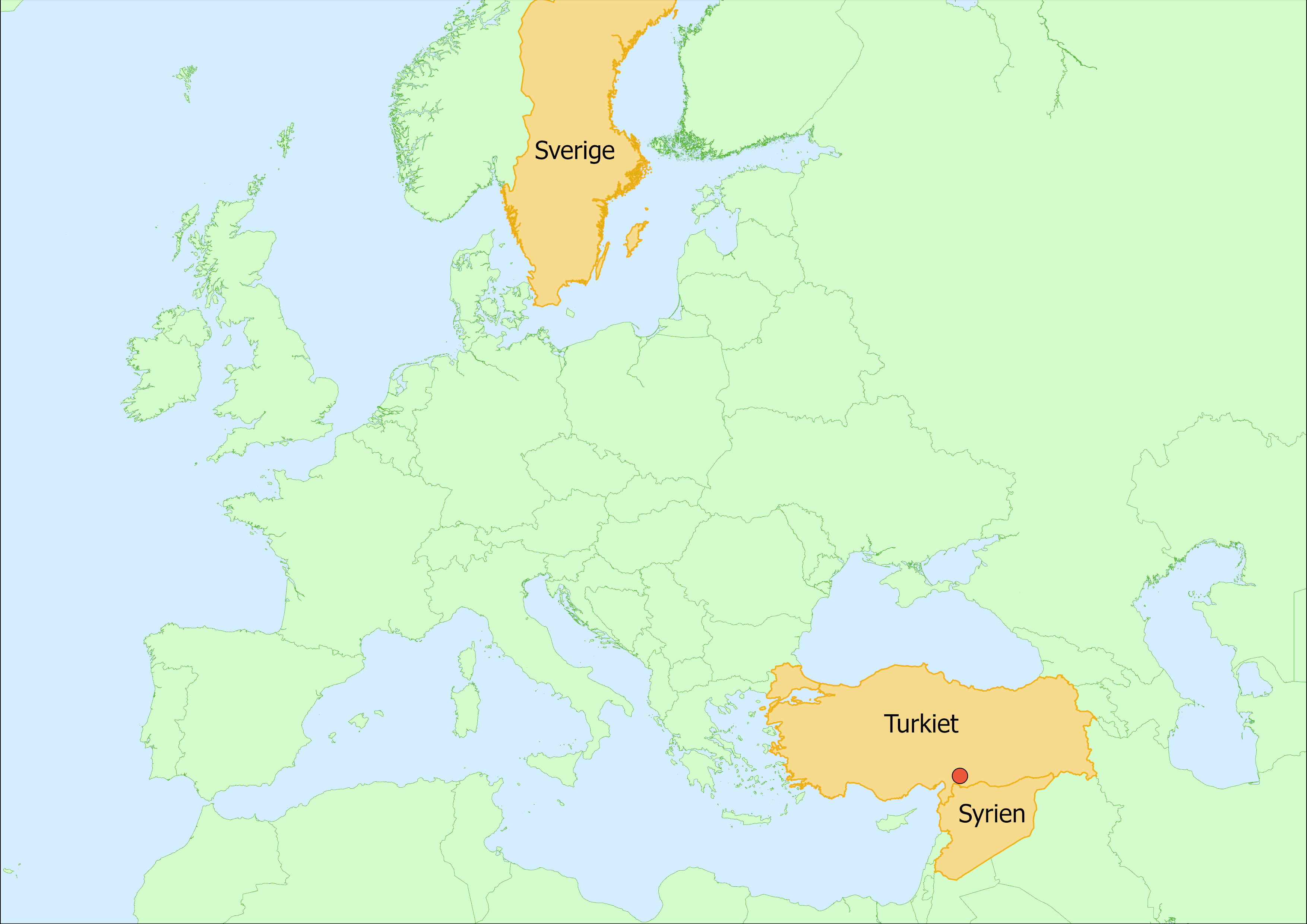 Karta med Sverige, Turkiet och Syrien markerat.
