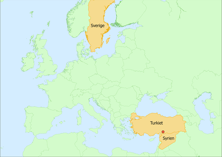 Karta med Sverige, Turkiet och Syrien markerat.