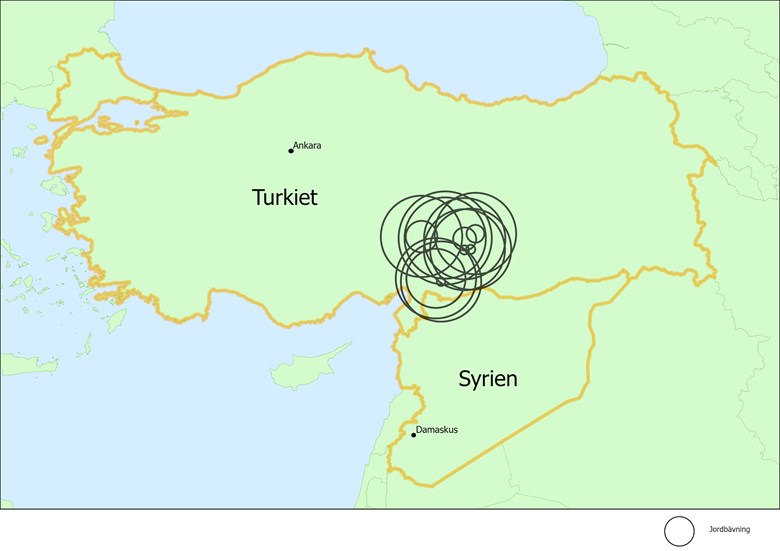 Karta över Turkiet och Syrien med jordbävningsområdet markerat.
