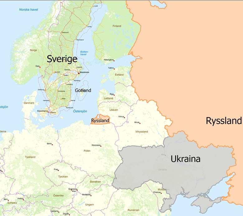 Karta med Sverige, Ukraina och Ryssland markerat. 