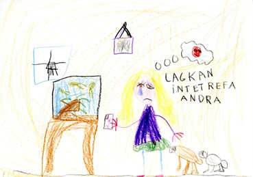 barns teckning på tjej som sitter inomhus och är ledsen
