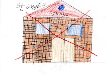 barns teckning över överkryssad skola