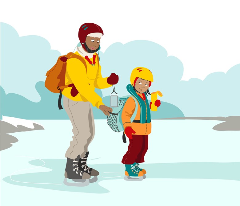 Illustration över man som packar barns ryggsäck. Mannen och barnet står på isen och ska åka skridskor.
