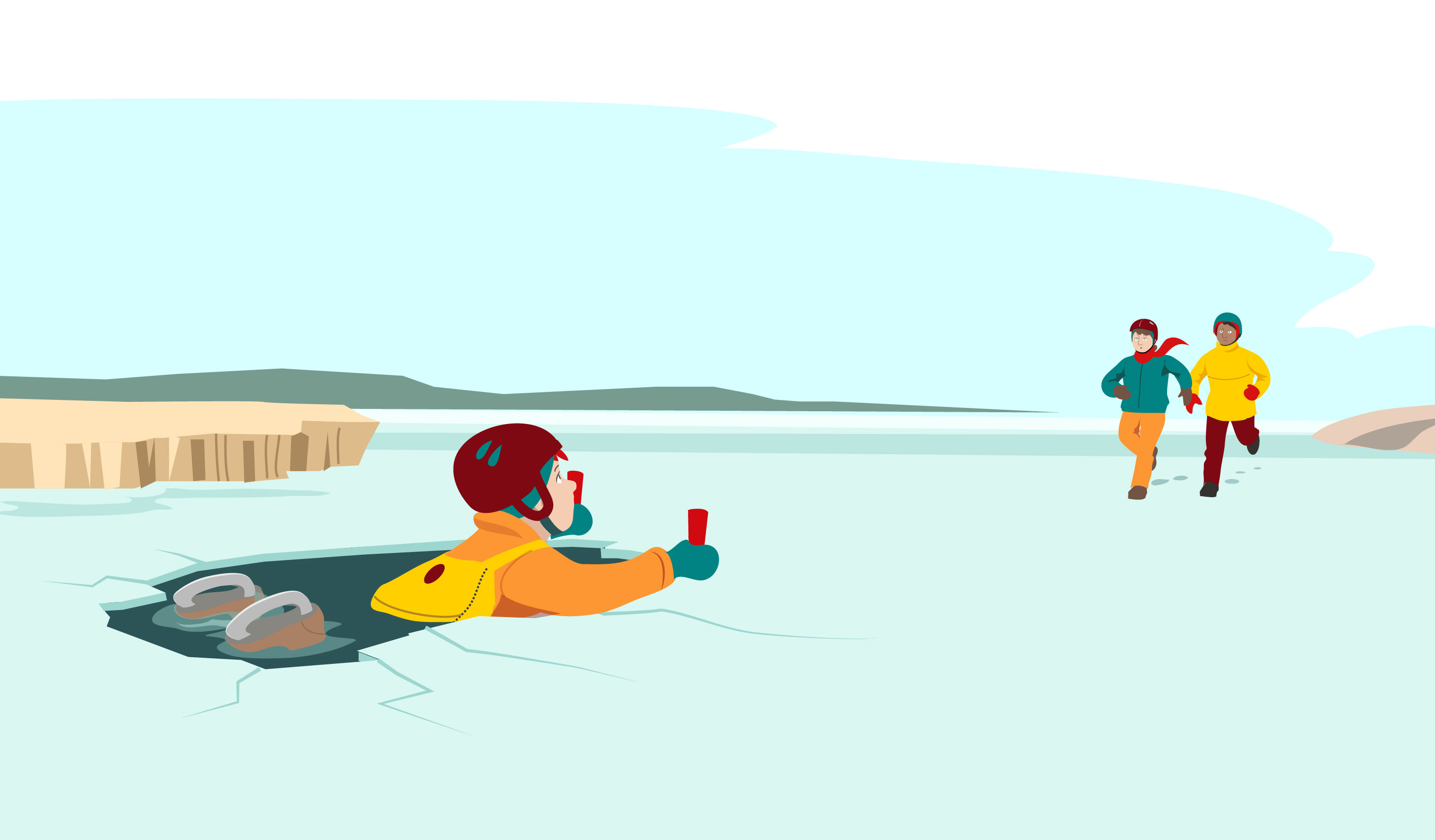 Illustration som gått genom isen. Två vuxna springer mot barnet för att hjälpa till. 