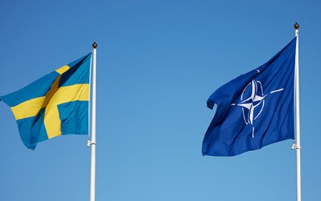 En bild på en hissad svensk flagga och en hissad nato-flagga som vajar i vinden.